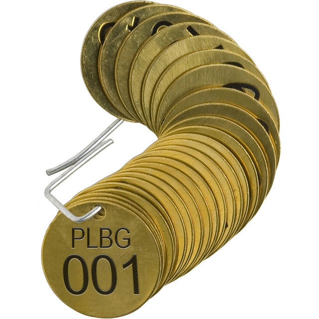Numbered "PLPG" Valve Tags, # 001-025, Brass, 1.5" dia