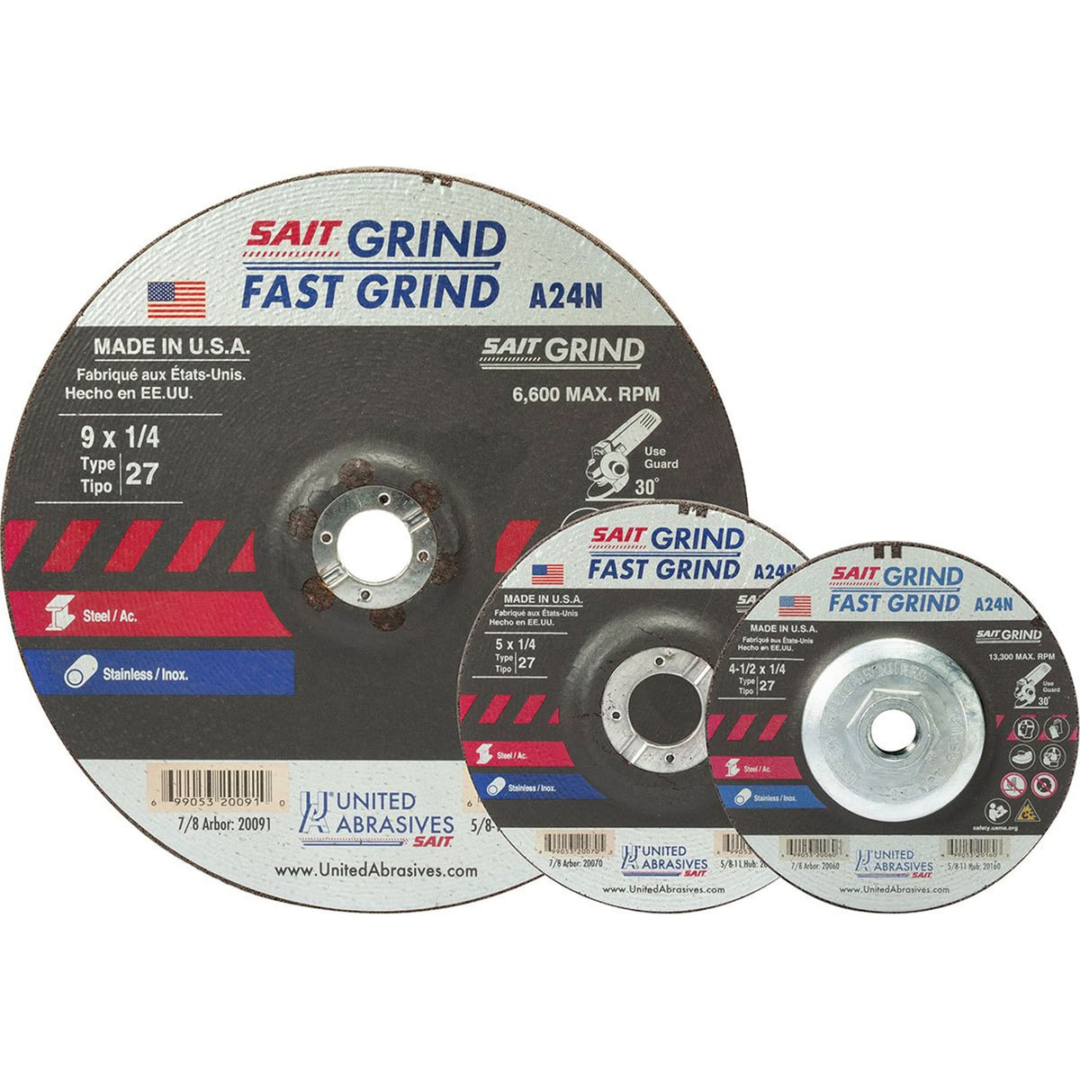 A24N Fast Grinding Wheel, 4-1/2" x 3/16", 7/8" Arbor, Aluminum Oxide, Type 27