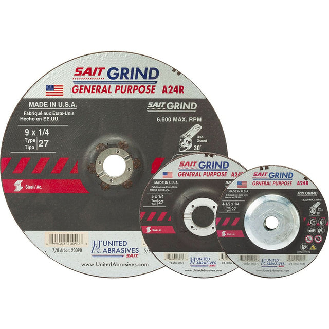 A24R Long Life Grinding Wheel, 5" x 1/4", 7/8" Arbor, Aluminum Oxide, Type 27