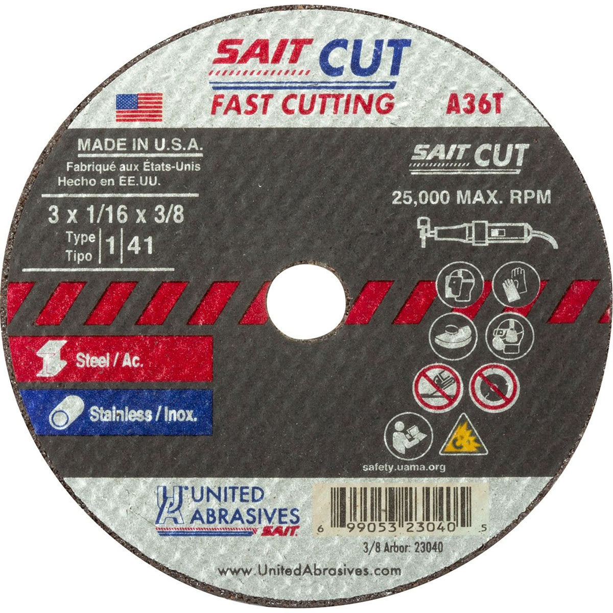 Cut-Off Wheel (A36T), 14" x 1/16", 5/8" Arbor, Type 1, Aluminum Oxide, 19000 RPM