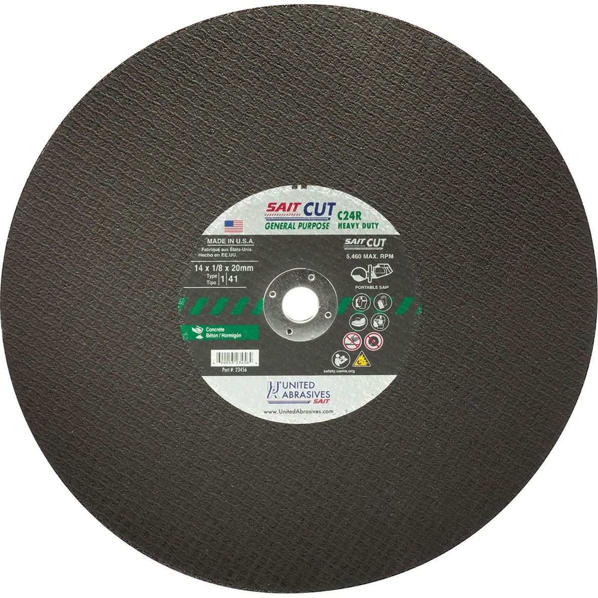 C24R Concrete High Speed Cut-Off Wheel, 12" x 1/8", 25/32" Arbor, Type 1, Silicon Carbide, 6300 RPM