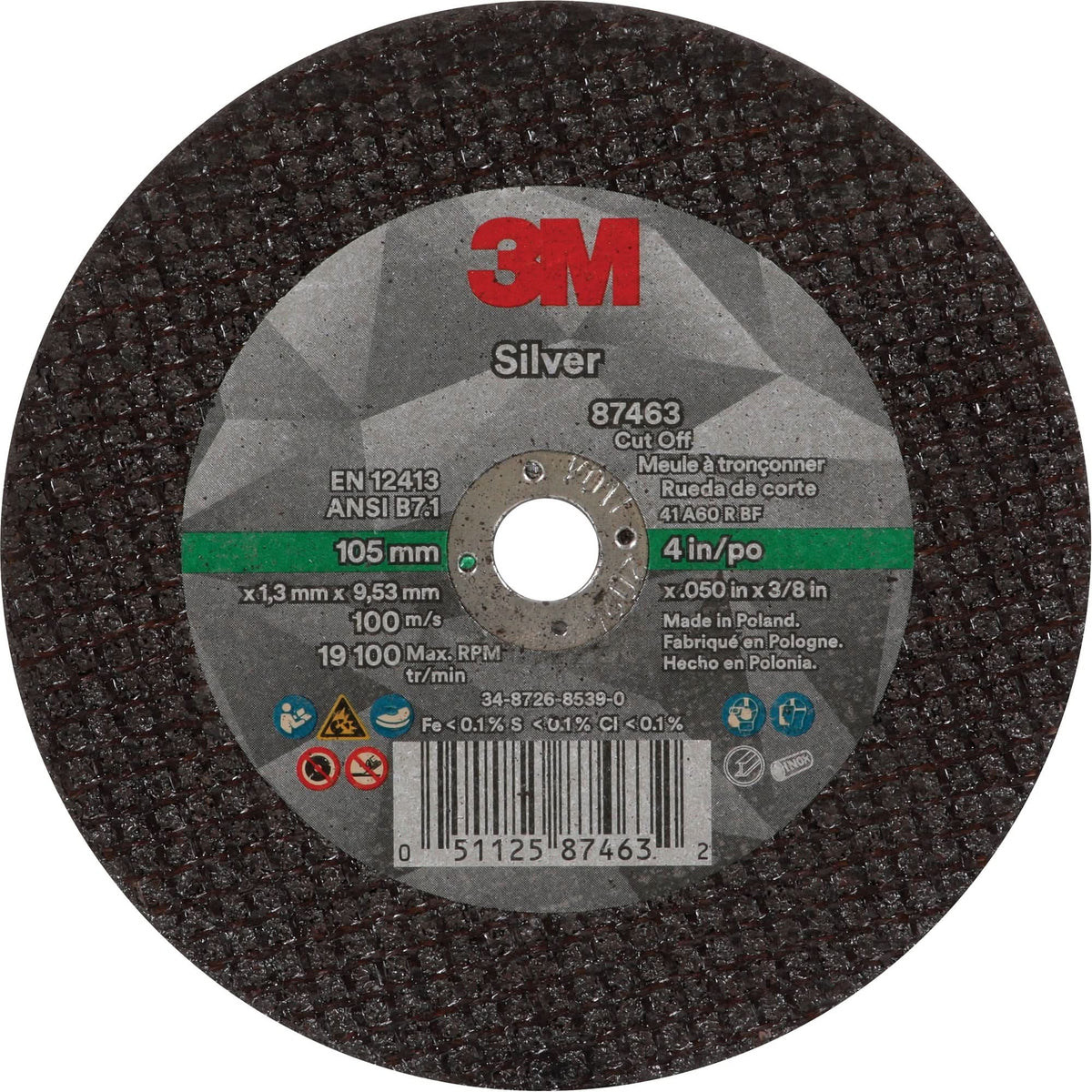 Silver Cut-Off Wheel, 4" x 0.05", 3/8"-24 Arbor, Type 1, Ceramic, 19100 RPM
