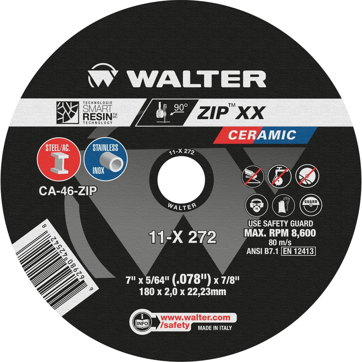 Zip™ XX Ceramic Cut-Off Wheel, 7" x 5/64", 7/8" Arbor, Type 1, Ceramic, 8600 RPM