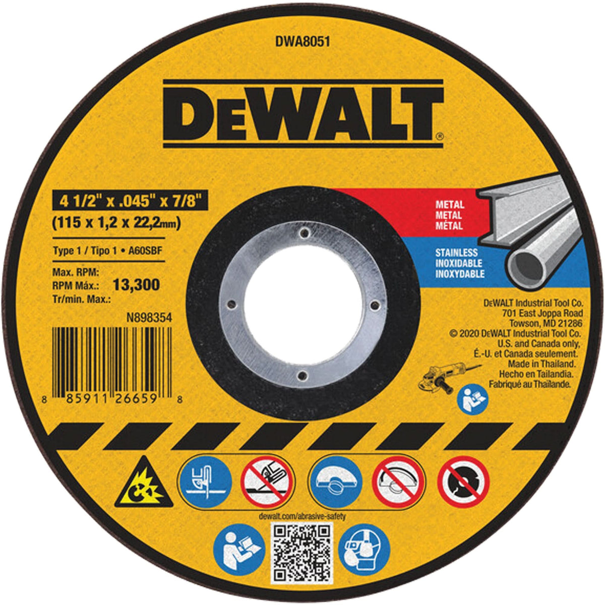 Metal Cut-Off Wheel, 4-1/2" x 0.045", 7/8" Arbor, Aluminum Oxide, Type 1