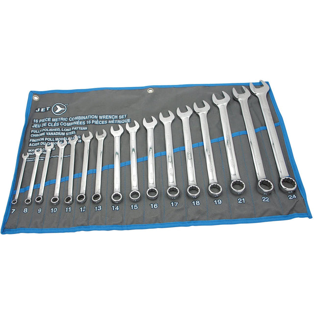 Fully Polished Long Pattern Combination Wrench Set, Combination, 16 Pieces, Metric