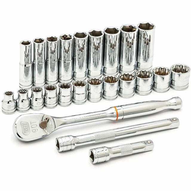 6 & 12 Point Metric Mechanics Tool Set, 24 Pcs, 3/8" Drive Size, Deep