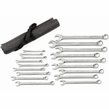 12-Point Long Pattern Wrench Set with Tool Roll, Combination, 18 Pieces, Metric