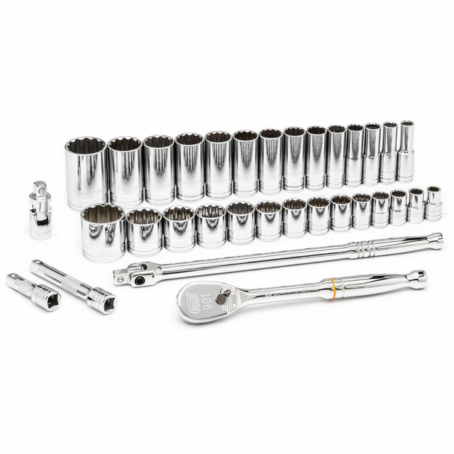 12 Point SAE Mechanics Tool Set, 33 Pcs, 1/2" Drive Size, Deep