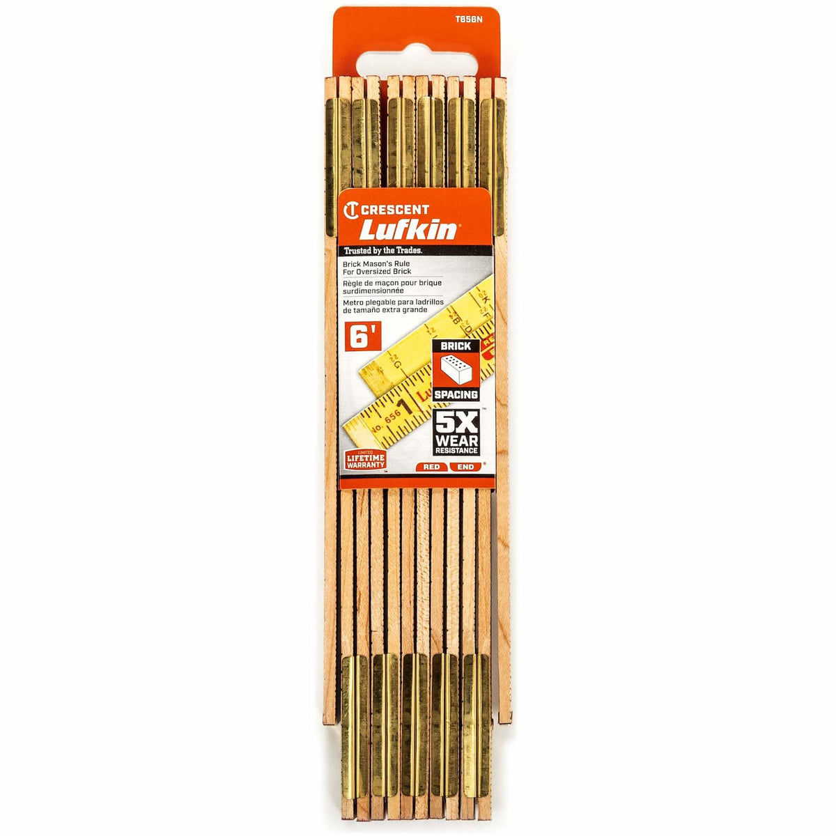 Red End® Oversized Brick Mason Rule, 6' L, Wood, 1/16" Graduations