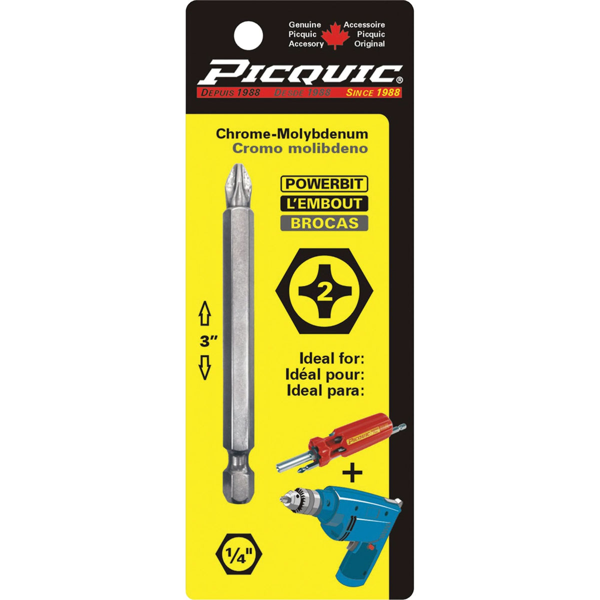 Picquic® Powerbit, Phillips, #2 Tip, 1/4" Drive Size, 3" Length
