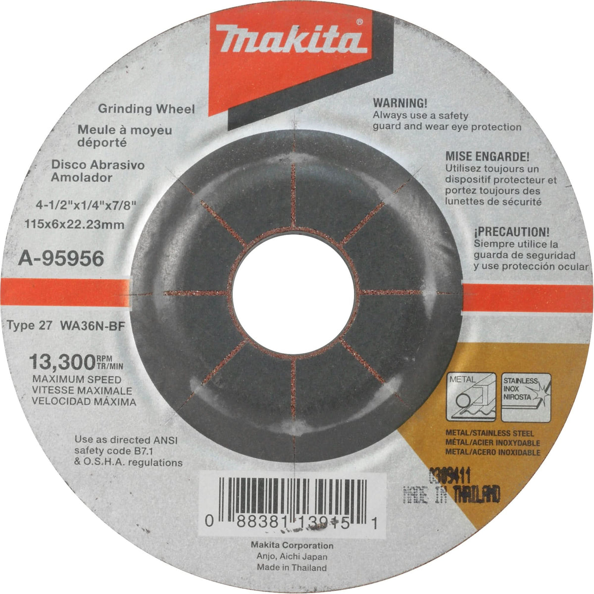 INOX Grinding Wheel, 4-1/2" x 1/4", 7/8" Arbor, Aluminum Oxide, Type 27