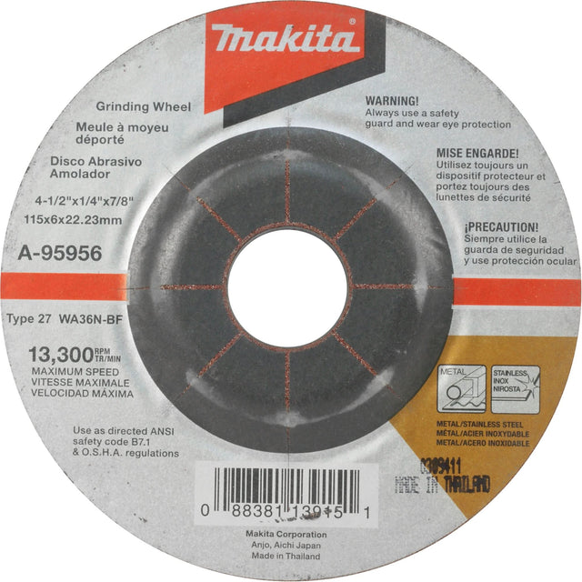 INOX Grinding Wheel, 4-1/2" x 1/4", 7/8" Arbor, Aluminum Oxide, Type 27
