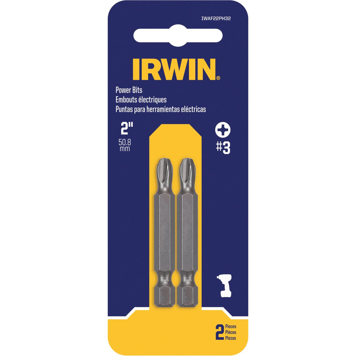 Power Bits, Phillips, #3 Tip, 1/4" Drive Size, 2" Length