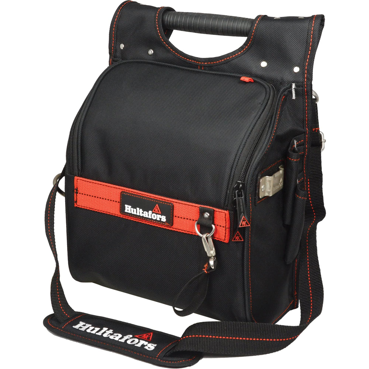 Zippered Professional Electrician's Tool Pouch, Ballistic Polyester, 19 Pockets, Black/Red