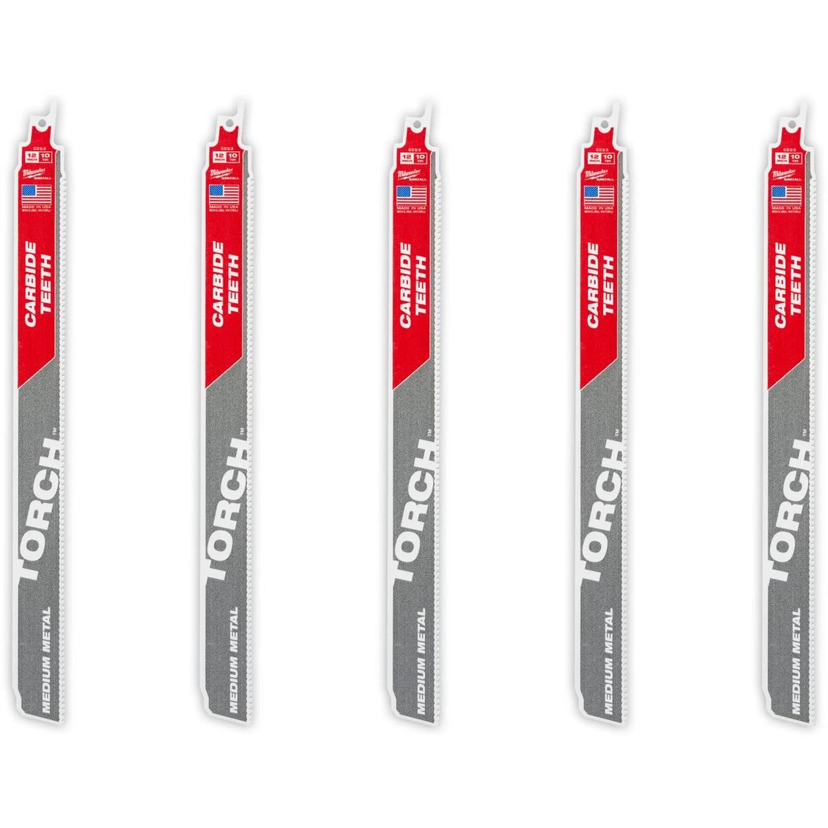 TORCH™ 5-Pack with Carbide Teeth for Medium Metal, Carbide, 10 TPI, 12" L x 1" W