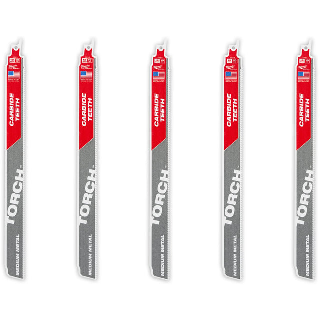 TORCH™ 5-Pack with Carbide Teeth for Medium Metal, Carbide, 10 TPI, 12" L x 1" W