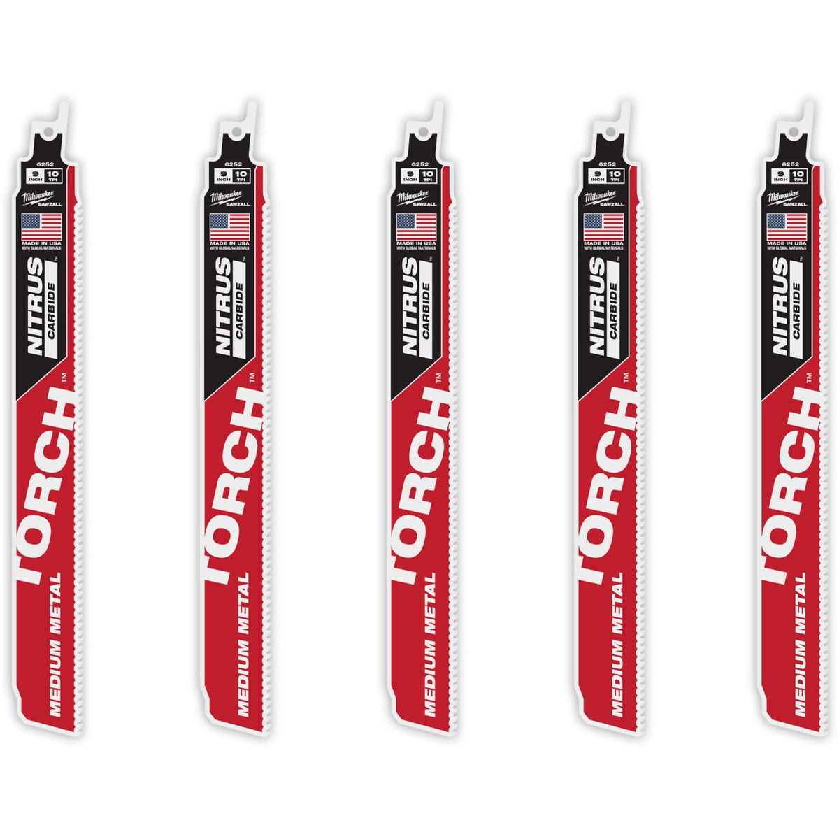 TORCH™ 5-Pack with NITRUS CARBIDE™ Teeth for Medium Metal, Carbide, 10 TPI, 9" L x 1" W