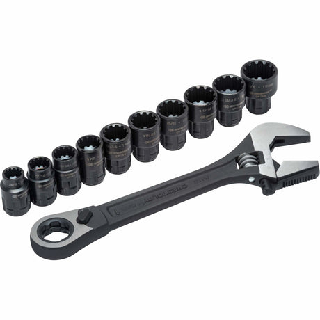 11-Piece Pass-Thru™ X6™ Adjustable Wrench & Spline Socket Set, 13" L, 2-27/50" Max Width, Black Phosphate