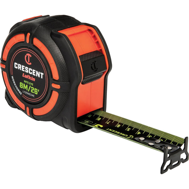 WORKHORSE NITE EYE Tape Measure, 1-1/4" x 25'/8 m, Metric/SAE Graduations