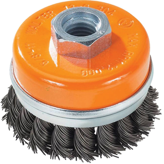 Knot-Twisted Wire Cup Brush with Ring, 3" Dia. x 5/8"-11 Arbor