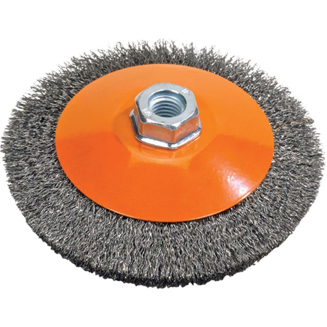 Saucer Cup Brush With Knot-Twisted Wires, 5" Dia., 0.02" Fill, 5/8"-11 Arbor, Steel