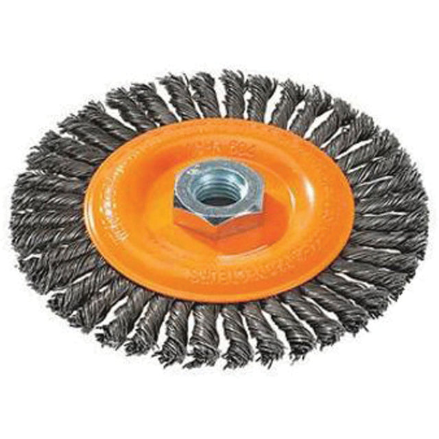 Stringer Bead Knotted Wire Brush, 4" Dia., 0.02" Fill, 5/8"-11 Arbor, Steel