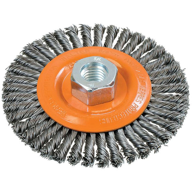 Stringer Bead Knotted Wire Brush, 4-1/2" Dia., 0.02" Fill, 5/8"-11 Arbor, Steel