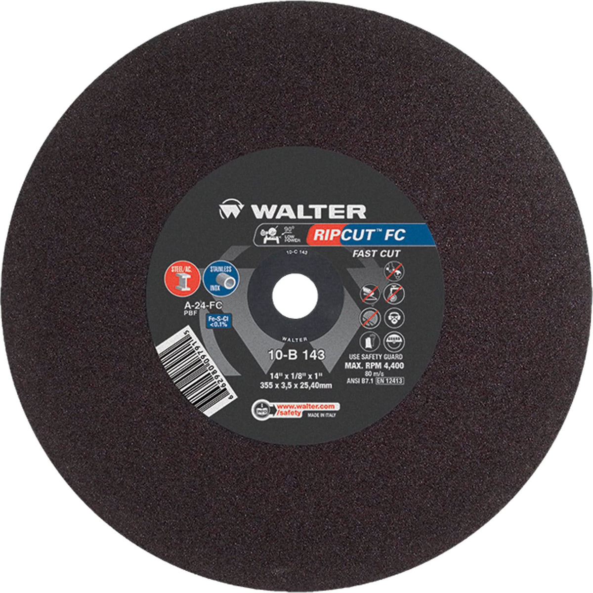 Ripcut™ Stainless Steel & Steel Cut-Off Wheel for Stationary Saws, 14" x 1/8", 1" Arbor, Type 1, Aluminum Oxide, 4400 RPM