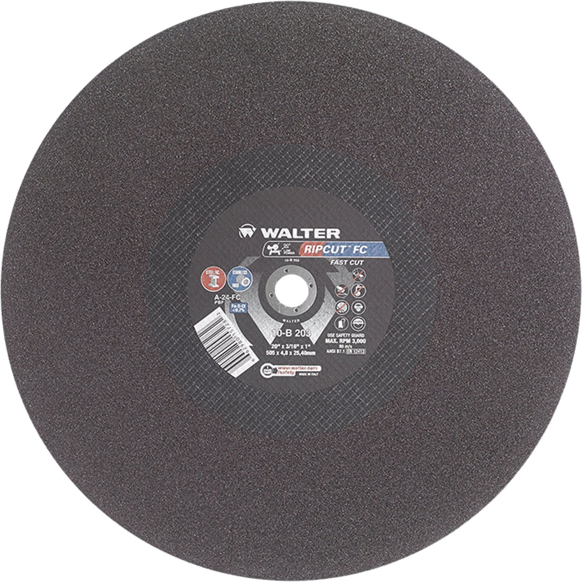 Ripcut™ Stainless Steel & Steel Cut-Off Wheel for Stationary Saws, 20" x 3/16", 1" Arbor, Type 1, Aluminum Oxide, 3000 RPM