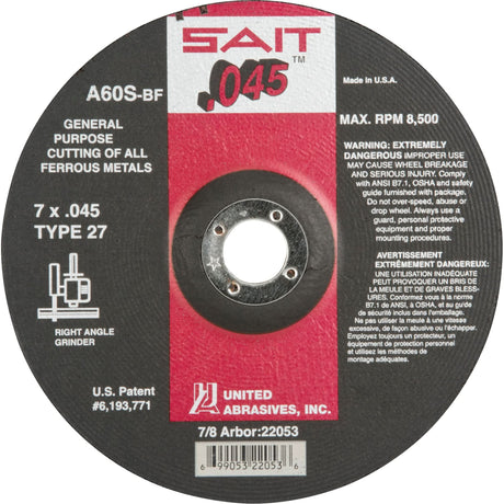 Depressed Center Cut-Off Wheel, 7" x 0.045", 7/8" Arbor, Type 27, Aluminum Oxide, 8500 RPM