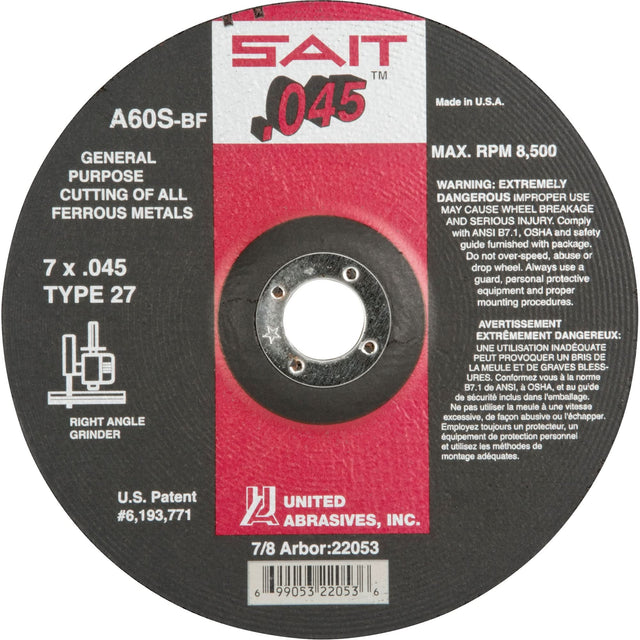 Depressed Center Cut-Off Wheel, 7" x 0.045", 7/8" Arbor, Type 27, Aluminum Oxide, 8500 RPM