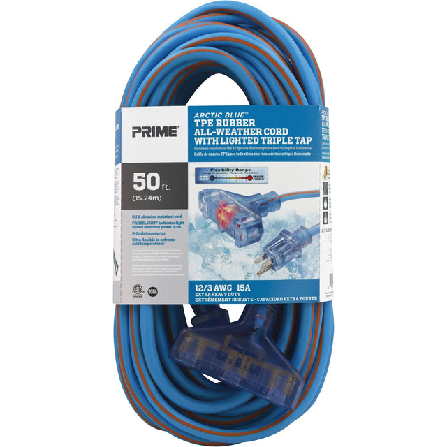 Arctic Blue™ TPE-Rubber Extension Cord, All-Weather, SJEOW, 12/3 AWG, 15 A, 3 Outlet(s), 50'