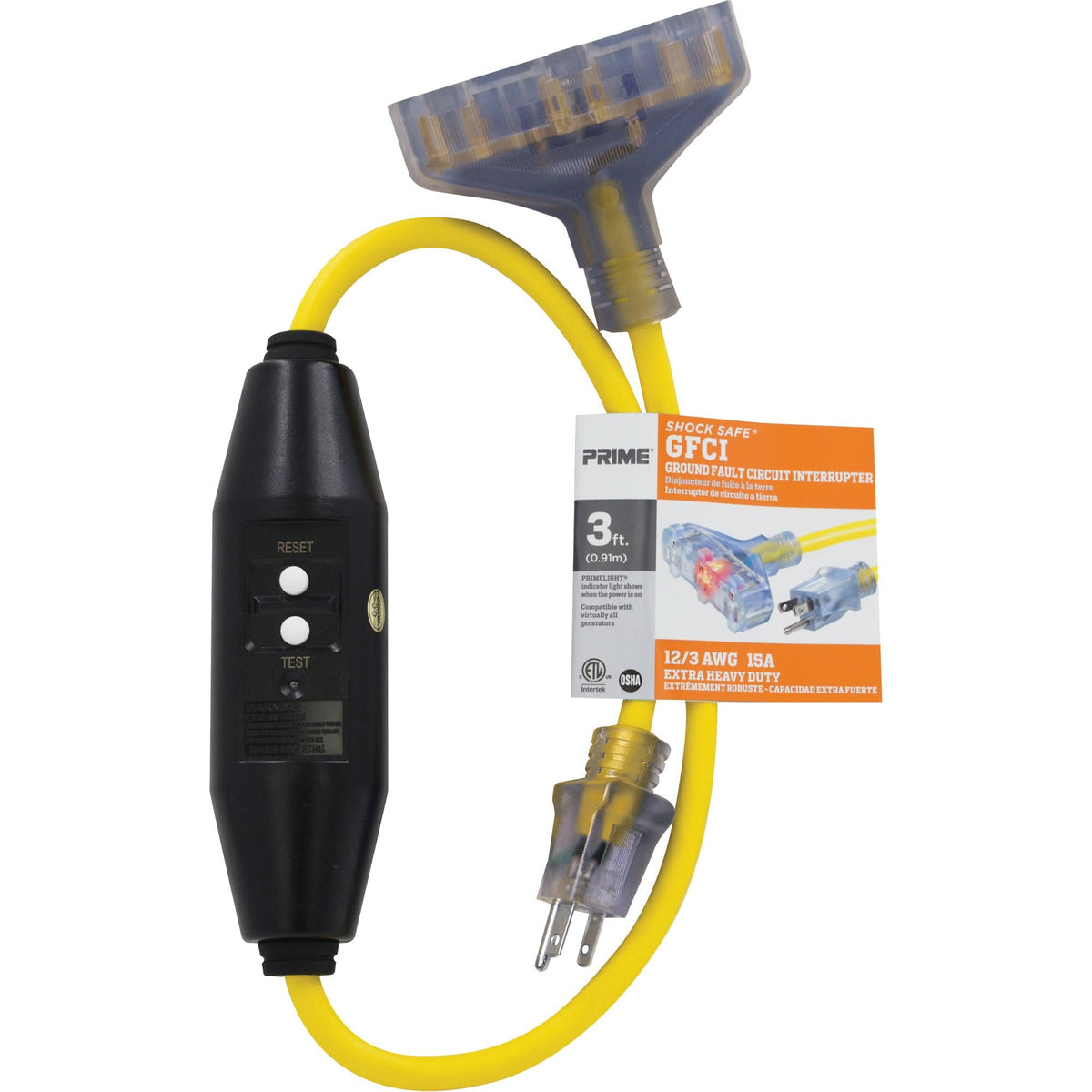 Shocksafe® GFCI Triple Tap Adapter, 125 V, 15 A, 3' Cord
