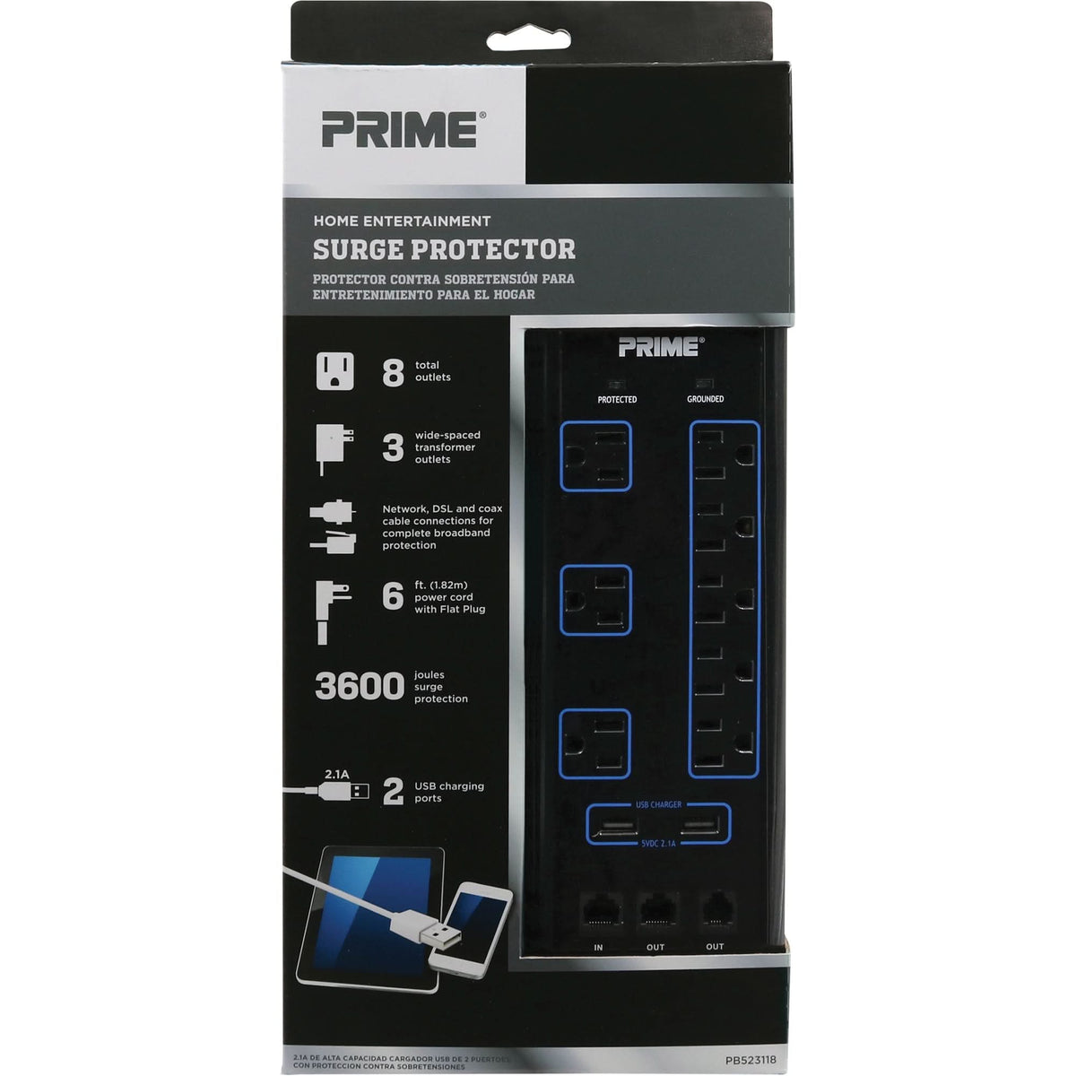 USB Charging Surge Protectors, 8 Outlets, 3600 J, 1875 W, 6' Cord