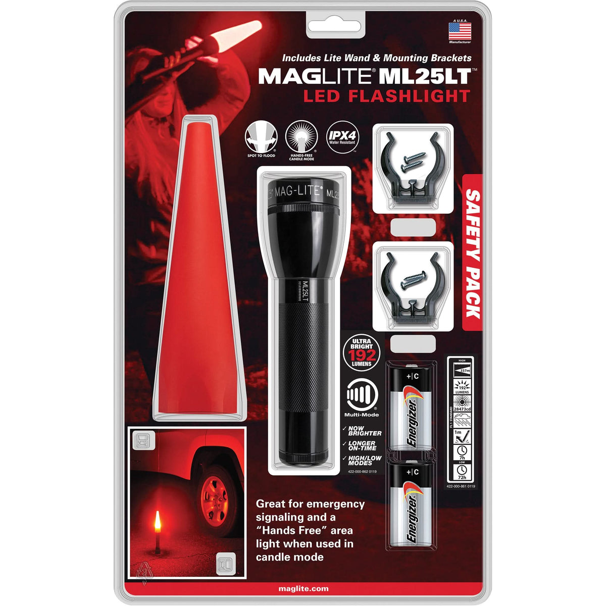 Safety Flashlight Pack, LED, 192 Lumens, C Batteries